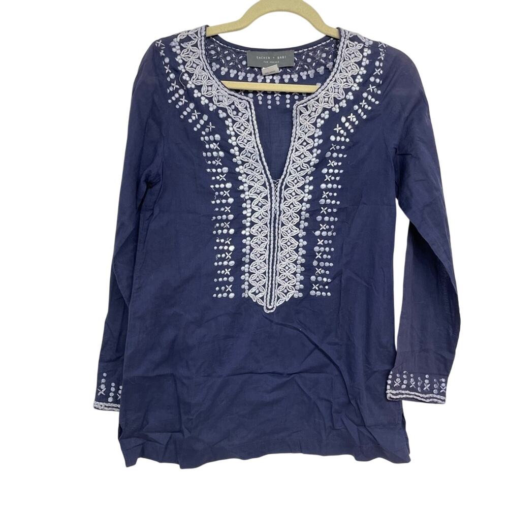 Sachin & Babi Blue Embroidered Boho Blouse Womens XS Beachy Sheer Lightweight